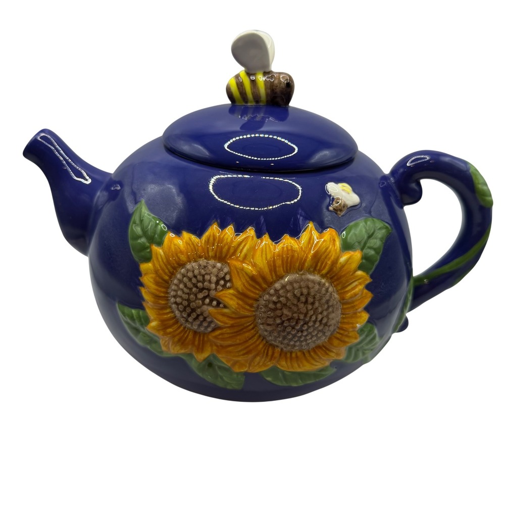 Treasure Craft Sunflower Bee Teapot Cookie Jar Blue Ceramic Kitchen Decor 11"